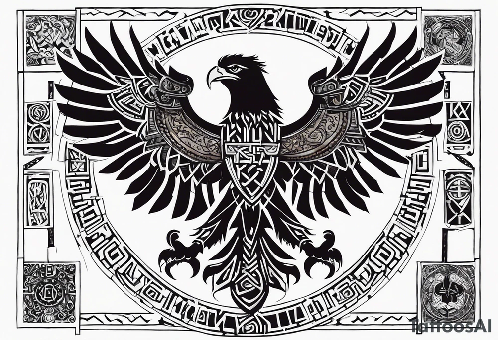 Polish eagle surrounded by viking runes sitting on the tree of life, scattered random geometric shapes and ancient artifacts, include Bruce Springsteens simply the best song it will be a long sleeve tattoo tattoo idea