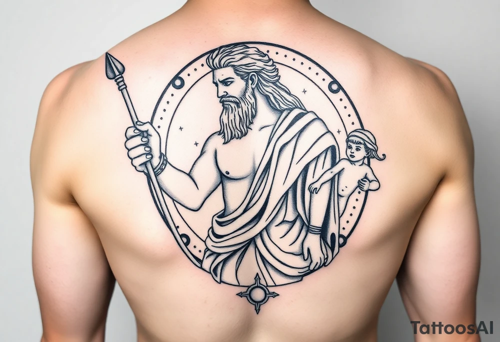 a tattoo design of the Greek God Saturn holding his spear in one hand with the Saturn Symbol as the spear head, in his other hand holding a twin but younger version of himself. The gemini constellation is in the background behind the Saturn Gods with the saturn rings circling around the whole design on an axis. tattoo idea