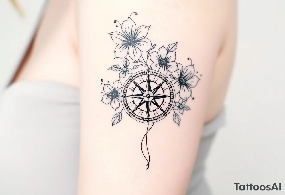 Abstract Compass with large flowers flowing above and below the compass tattoo idea