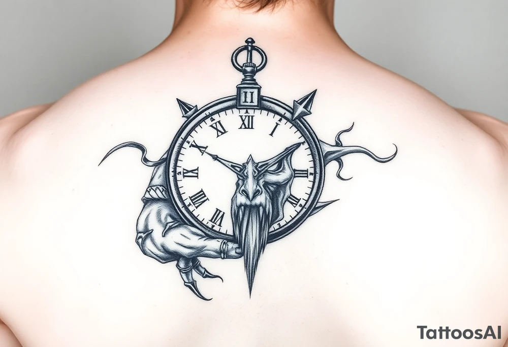 Cronos devorando el tiempo: puede incluir un reloj roto, engranajes y el rostro de Cronos, ideal en blanco y negro. tattoo idea