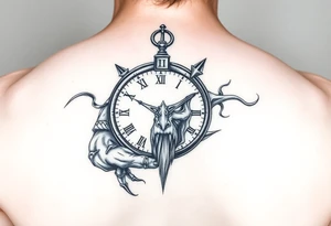 Cronos devorando el tiempo: puede incluir un reloj roto, engranajes y el rostro de Cronos, ideal en blanco y negro. tattoo idea