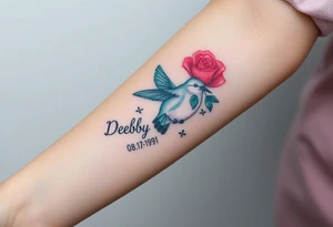 A tattoo on the forearm with the name Debby Deguzman with a humming bird and a rose 08-17-1961 to 05-29-2025 tattoo idea