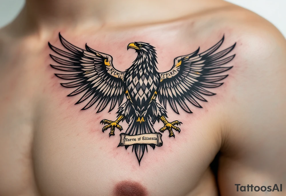 Battle-Worn Silesian Eagle with Torn Banners – A strong, battle-scarred eagle with ripped black and yellow banners flowing behind it, representing the resilience of Silesia. The eagle's claws clutch an old sword or a scroll with historical inscriptions, adding a storytelling element. tattoo idea