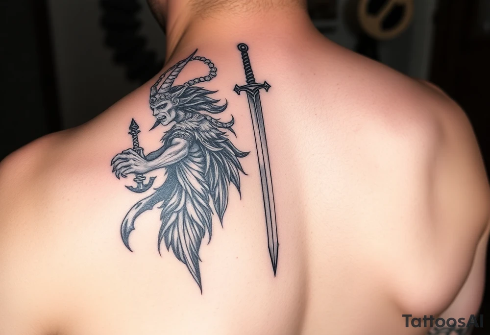 Fear god on left side only with the pain I’ve been feeling does not compare to the joy that’s coming down spine with a little sword at top tattoo idea