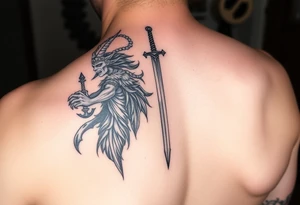 Fear god on left side only with the pain I’ve been feeling does not compare to the joy that’s coming down spine with a little sword at top tattoo idea