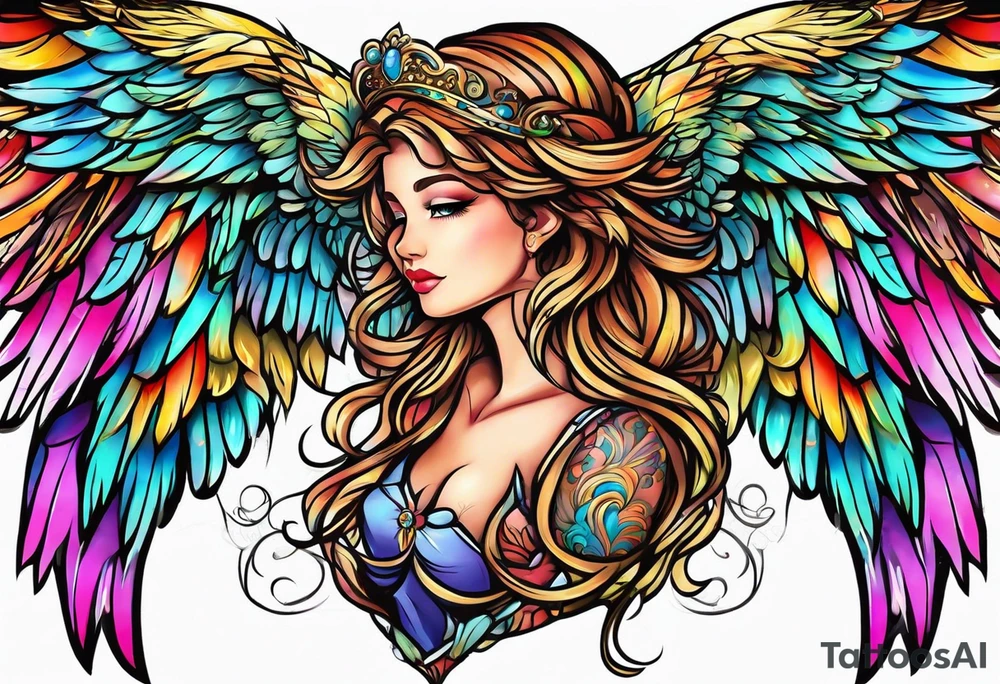 beautiful intricate colorful new school angel wings, tattoo idea