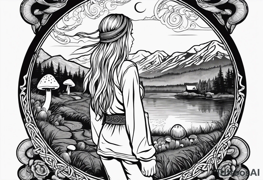 Whole picture encircled fully

Straight long blonde hair hippie girl in distance holding mushrooms in hand facing away toward mountains and creek surrounded by mushrooms long sleeve shirt and hiking pants; whole rendering within a full celtic circle, no cut off circle tattoo idea