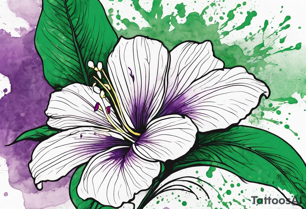 An outline of a rio dipladenia flower with a green and purple watercolor splash in the background tattoo idea