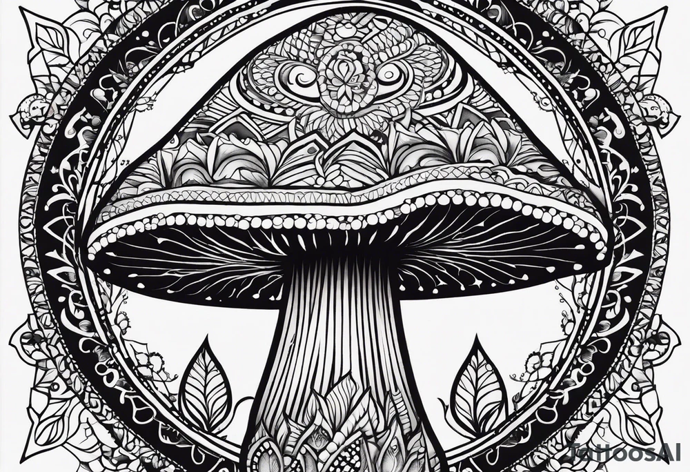 Black mushroom tattoo with henna style mandala design surrounding it tattoo idea