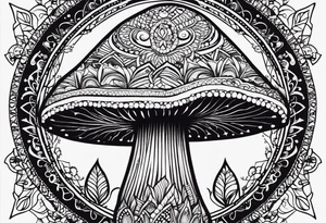 Black mushroom tattoo with henna style mandala design surrounding it tattoo idea
