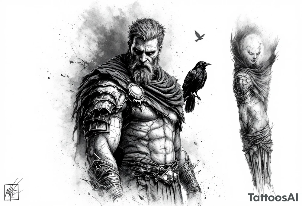 A black and grey tattoo sleeve design symbolizing silent battles and resilience. A worn gladiator with cracks in his armor stands tall, battle-weary but unbroken. Behind him, a shadowy figure represents the unseen struggles, partially obscured in mist. A single raven sits on his shoulder, symbolizing past darkness, while a faint dove soars above, representing faith and favor. Subtle tally marks blend into the background, representing victories no one sees. The design flows naturally with a balance of dark and light elements, blending realism with a slightly surreal feel. tattoo idea