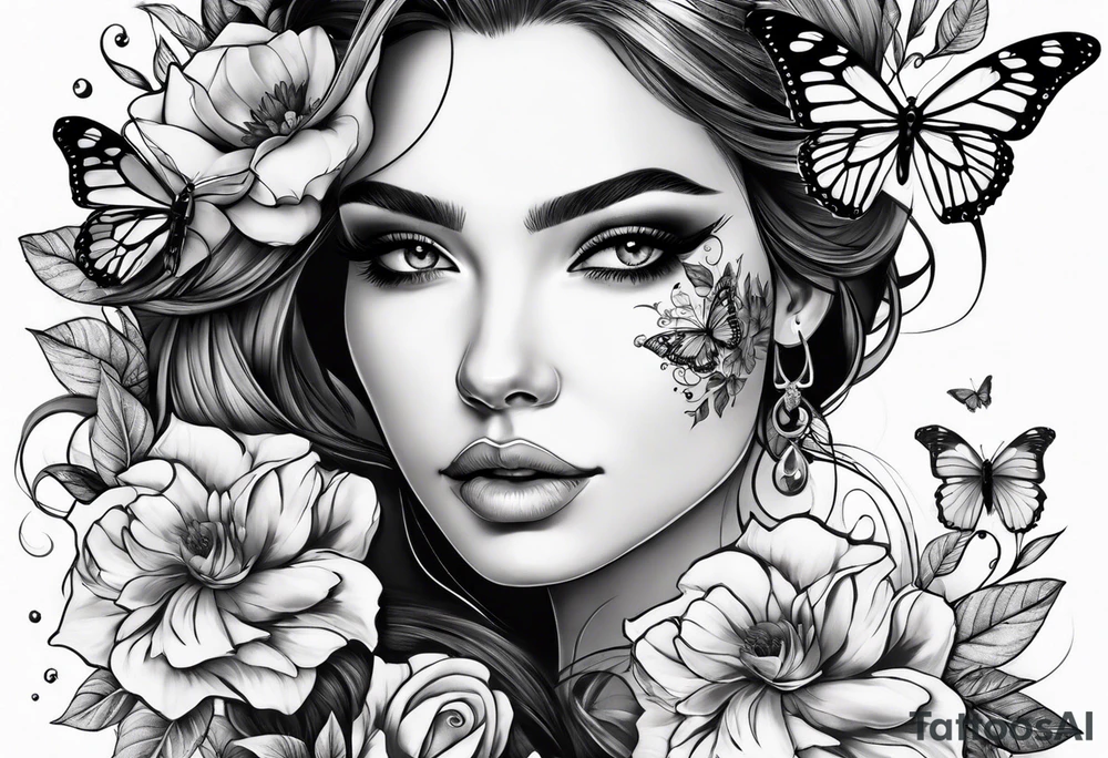 Women half face with flowers and butterfly tattoo idea