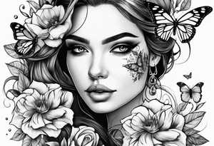 Women half face with flowers and butterfly tattoo idea