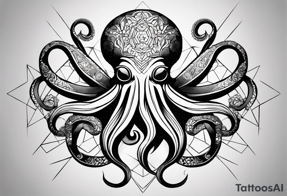 An octopus depicted with geometric shapes and lines, creating a modern and abstract design that highlights the symmetry and natural geometry of its form. tattoo idea
