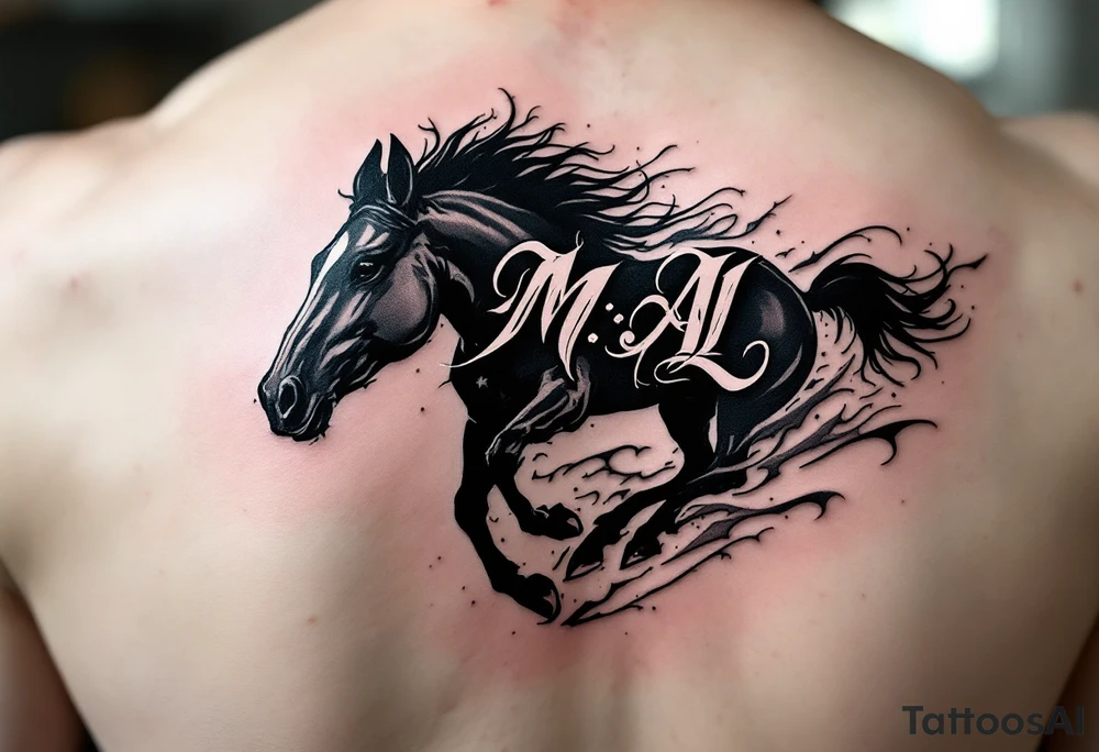 horse silhouette 
from the front which gallops from the front, with the 3 small letters discreetly integrated: M, A, L tattoo idea