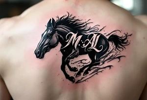 horse silhouette 
from the front which gallops from the front, with the 3 small letters discreetly integrated: M, A, L tattoo idea