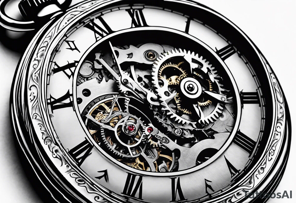 Old school pocket watch exploded showing inner mechanism tattoo idea
