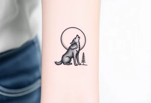 lone wolf howling at full moon with northern lights backdrop tattoo idea