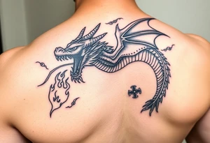 fierce dragon breathing iridescent fire against stormy skies tattoo idea