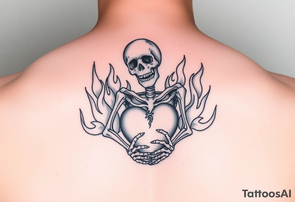 Skeleton in agony, heart broken, surrounded by flames tattoo idea