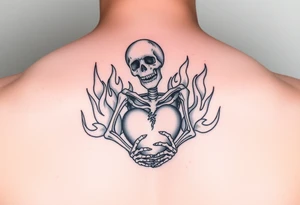 Skeleton in agony, heart broken, surrounded by flames tattoo idea