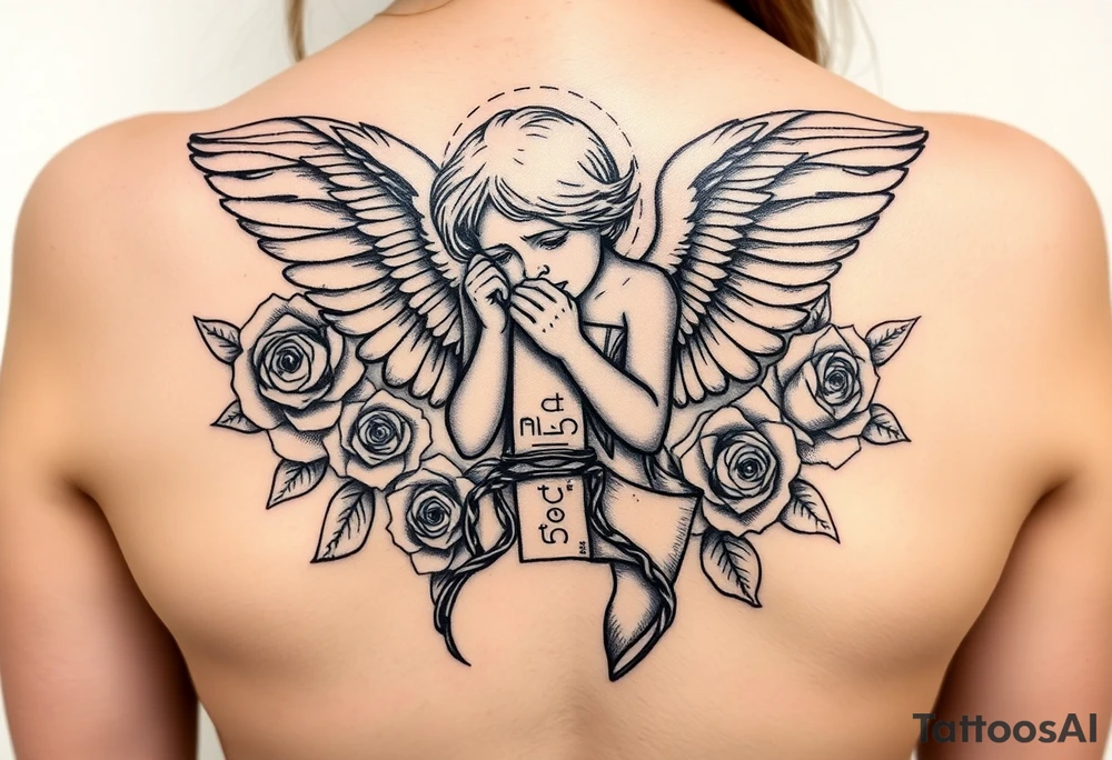 Crying angel handcuffed ,money notes, roses around all tattoo idea