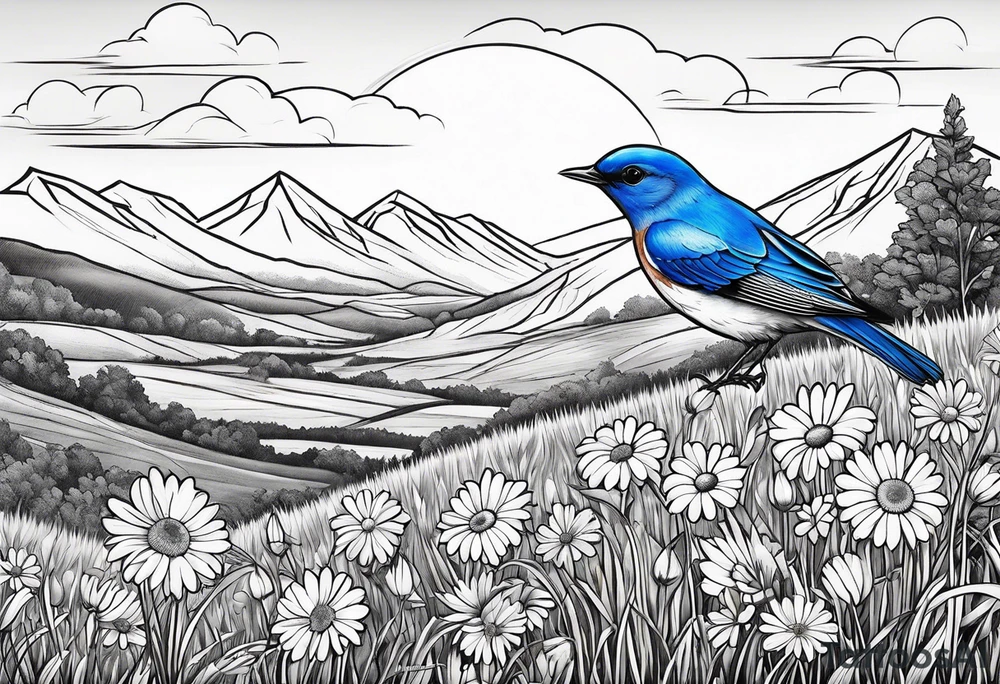 Small blue bird in field of grass and daisys Mountain View in distance tattoo idea