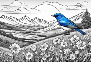 Small blue bird in field of grass and daisys Mountain View in distance tattoo idea