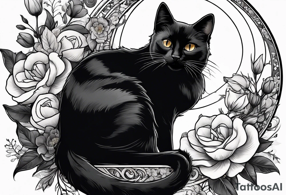 Photo realistic black cat with moon and flowers tattoo idea