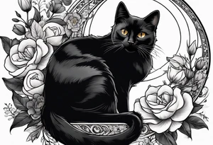 Photo realistic black cat with moon and flowers tattoo idea