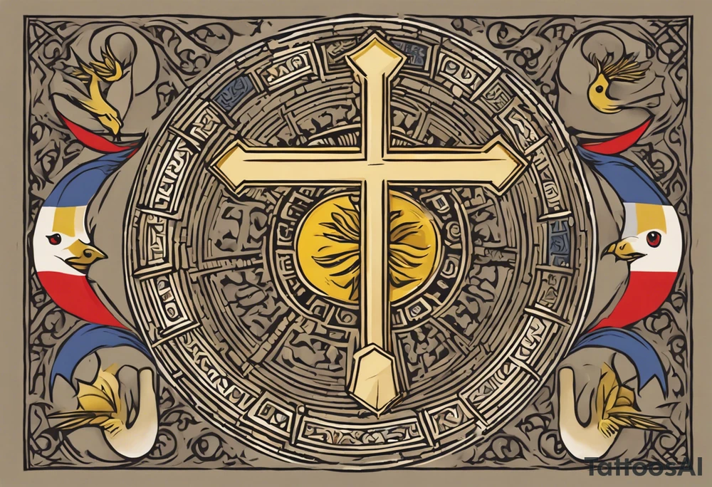 A medieval cross with an assyrian flag in the middle. A crown om top of the cross. The assyrian king Sennacherib. A sun and a moon. A cloud with rain and thunder. charizard. an imperfect cirkle. a candle. a swan. lemons. the god asshur with wings. an ankh. angel wings with a halo. surrounded by olive branches and feathers. all black and white. no shadowing. tattoo idea