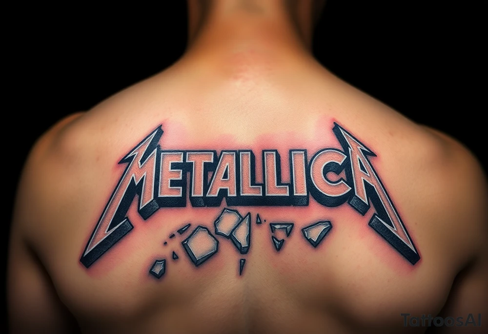 A detailed depiction of the "Metallica" logo in a sharp, angular font, surrounded by shards of shattered glass, glowing with metallic silver and dark shadows tattoo idea