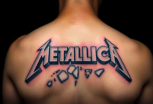 A detailed depiction of the "Metallica" logo in a sharp, angular font, surrounded by shards of shattered glass, glowing with metallic silver and dark shadows tattoo idea