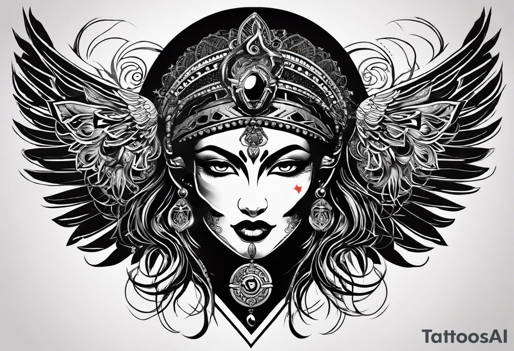 black kali, goddess pirate, alien, angel, pachamama, valkrye, warrior, flying, skull, lotus azul, wing, eagle, zenza resonance, stars, 5D, anahata chakra, death, durga, riding on a tiger tattoo idea