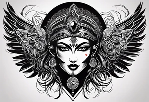 black kali, goddess pirate, alien, angel, pachamama, valkrye, warrior, flying, skull, lotus azul, wing, eagle, zenza resonance, stars, 5D, anahata chakra, death, durga, riding on a tiger tattoo idea