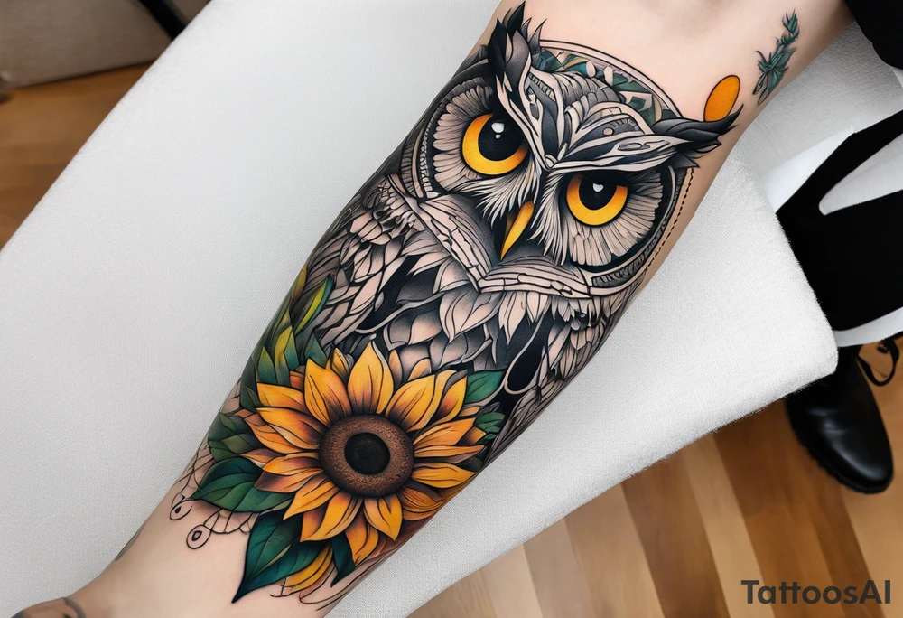 Leg sleeve with colorful sunflowers and an owl tattoo idea