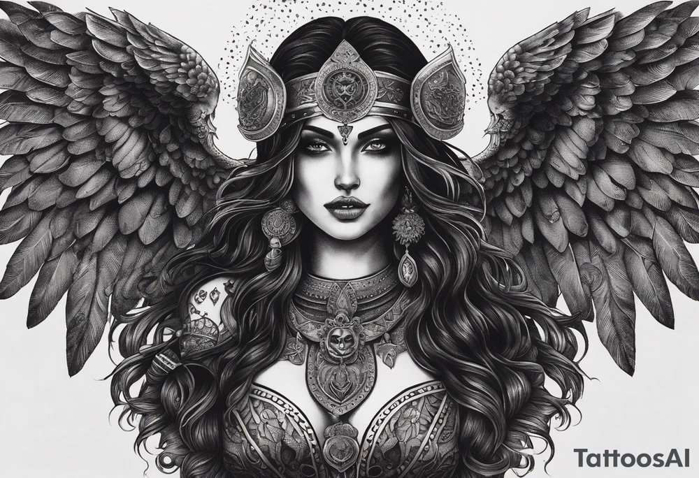 black kali, goddess pirate, alien, angel, pachamama, valkrye, warrior, flying, skull, lotus azul, wing, eagle, zenza resonance, stars, 5D, anahata chakra, death, durga, riding on a tiger, flying lady, chest tatoo tattoo idea