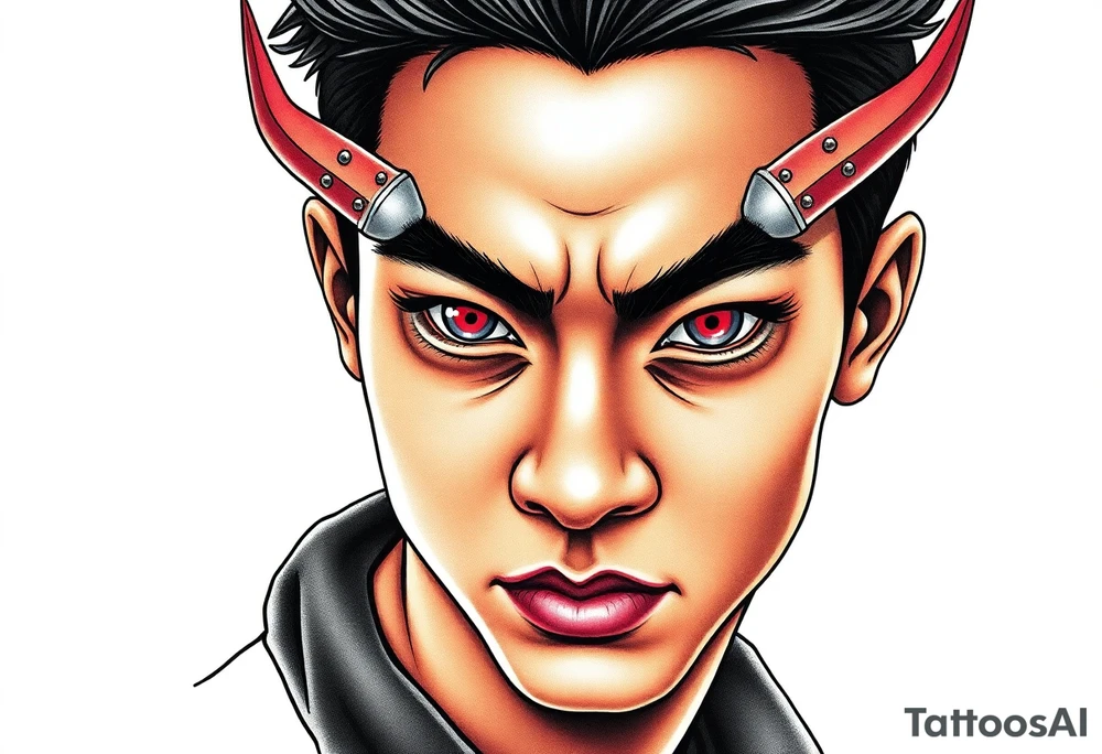 Handsome Asian young guy with demon eyes tattoo idea