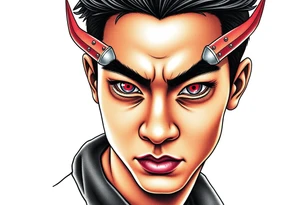 Handsome Asian young guy with demon eyes tattoo idea