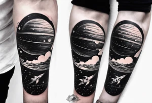 An outer space themed minimalist calf sleeve tattoo incorporating the quote, "Made for another world" in typewriter font tattoo idea