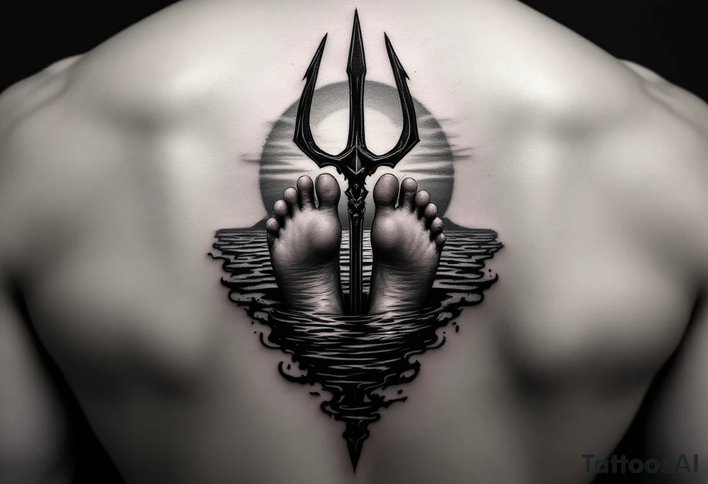 barefeet behind trident with water and sunset tattoo idea