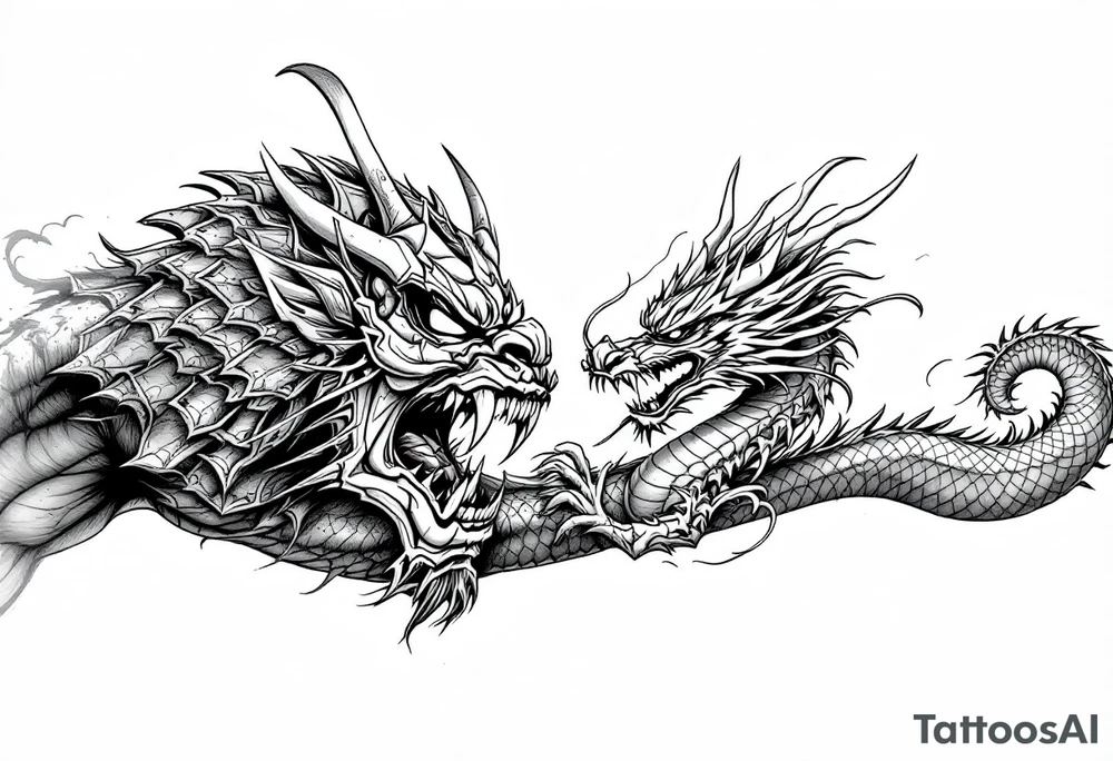 Japanese style, warrior mask biting the tail of a dragon and on the other side has a japanese warrior/ samurai tattoo idea