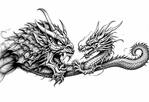 Japanese style, warrior mask biting the tail of a dragon and on the other side has a japanese warrior/ samurai tattoo idea