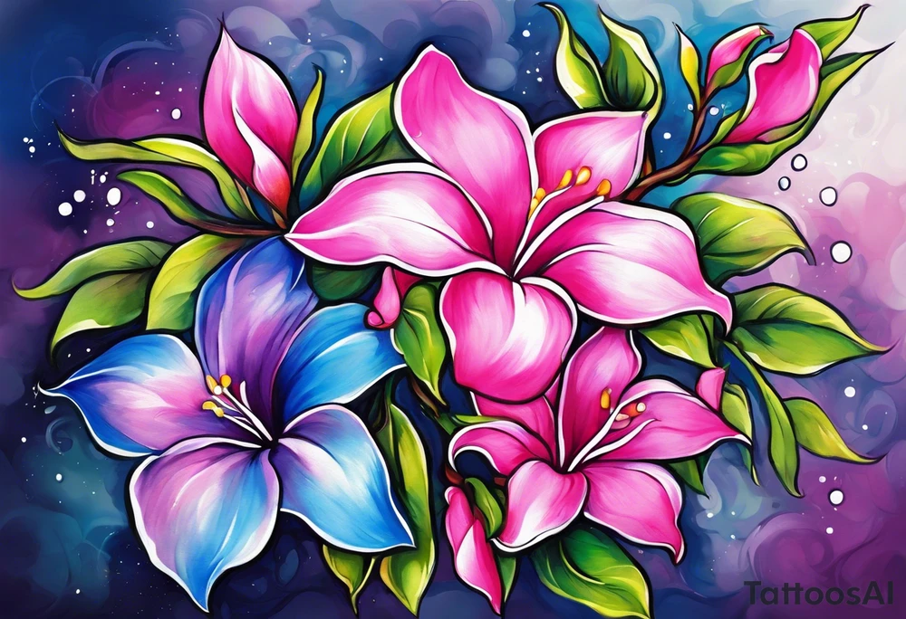 brushstroke abstract pink, purple, and blue mandevilla flowers on a vine, with color leaking out into the background. SOme of the flowers should be full color, and some just linework. It should have a handdrawn, sketch feel. tattoo idea
