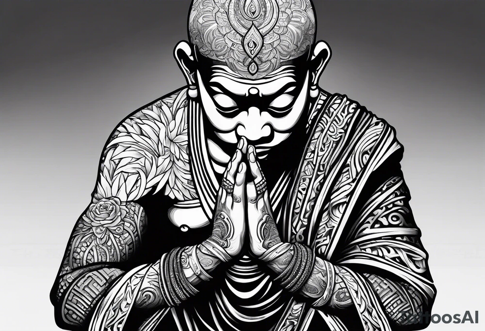 Monk head facing down seriously meditating while doing namaste hand full body tattoo idea