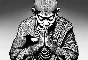 Monk head facing down seriously meditating while doing namaste hand full body tattoo idea