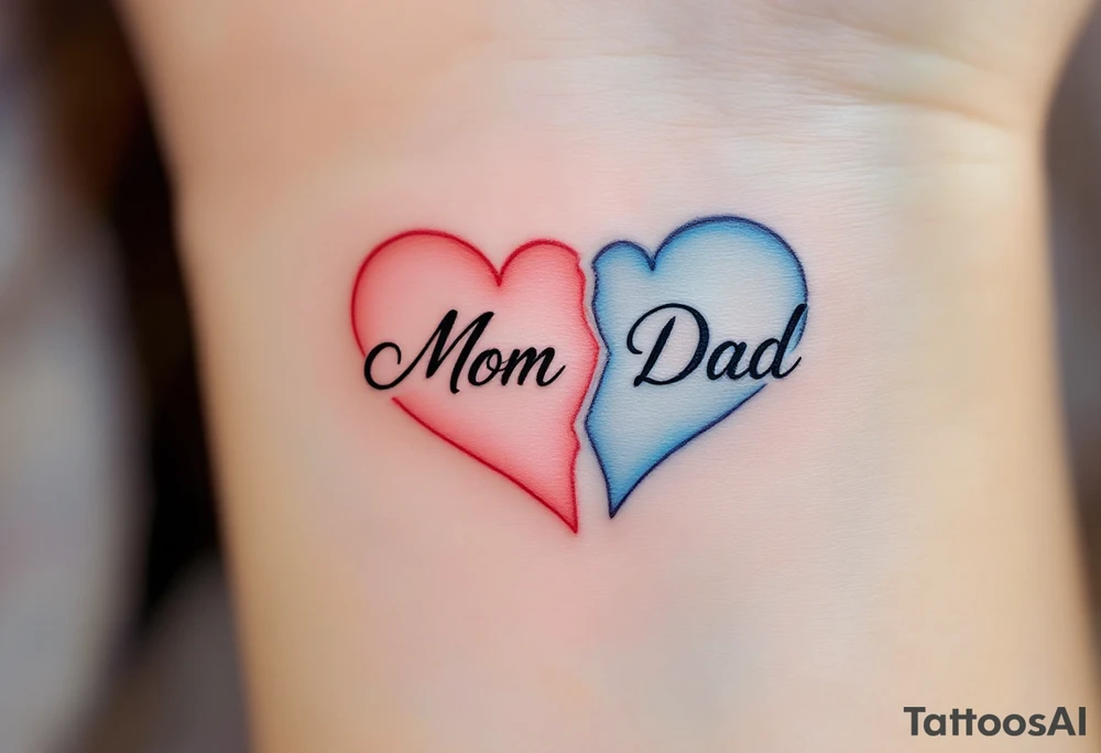 A split heart tattoo: one side in soft pink labeled “Mom,” the other in sky blue labeled “Dad.” tattoo idea