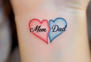 A split heart tattoo: one side in soft pink labeled “Mom,” the other in sky blue labeled “Dad.” tattoo idea