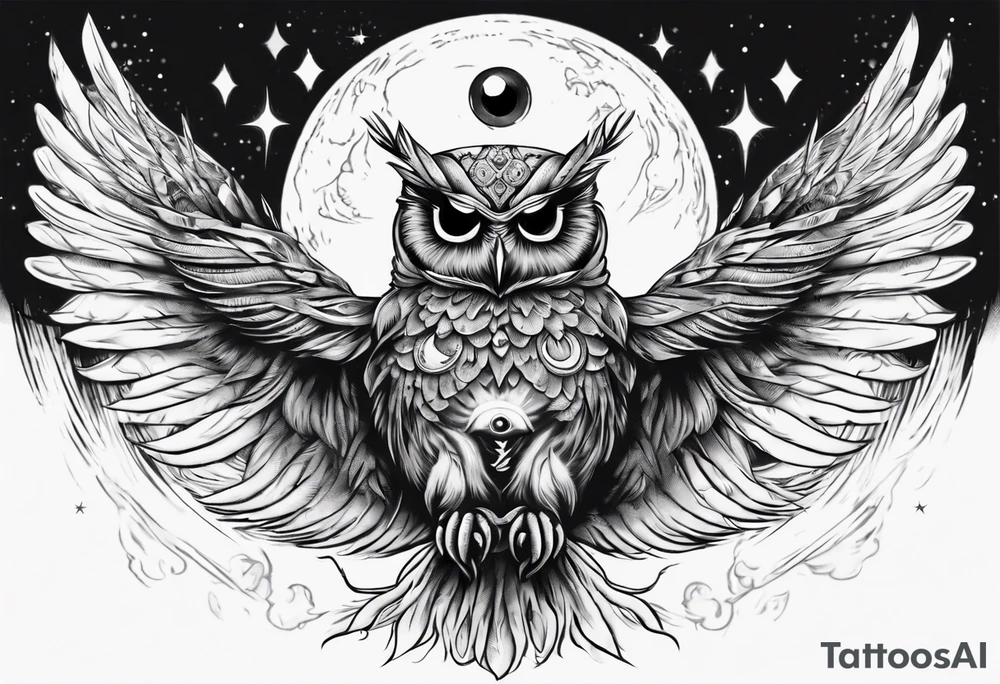 Wise Crowned Owl with the third eye flying towards the Dark Moon. tattoo idea