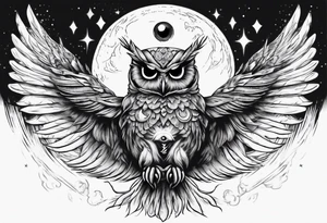 Wise Crowned Owl with the third eye flying towards the Dark Moon. tattoo idea